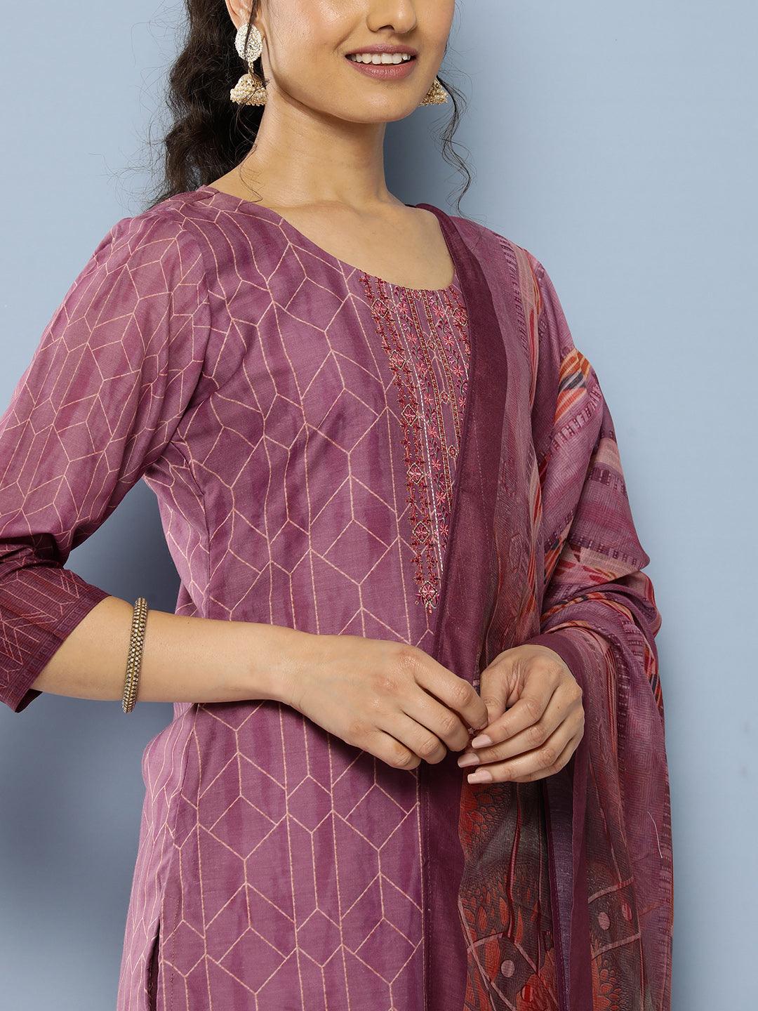 Purple Embroidered Silk Blend Straight Suit Set With Trousers - Libas 