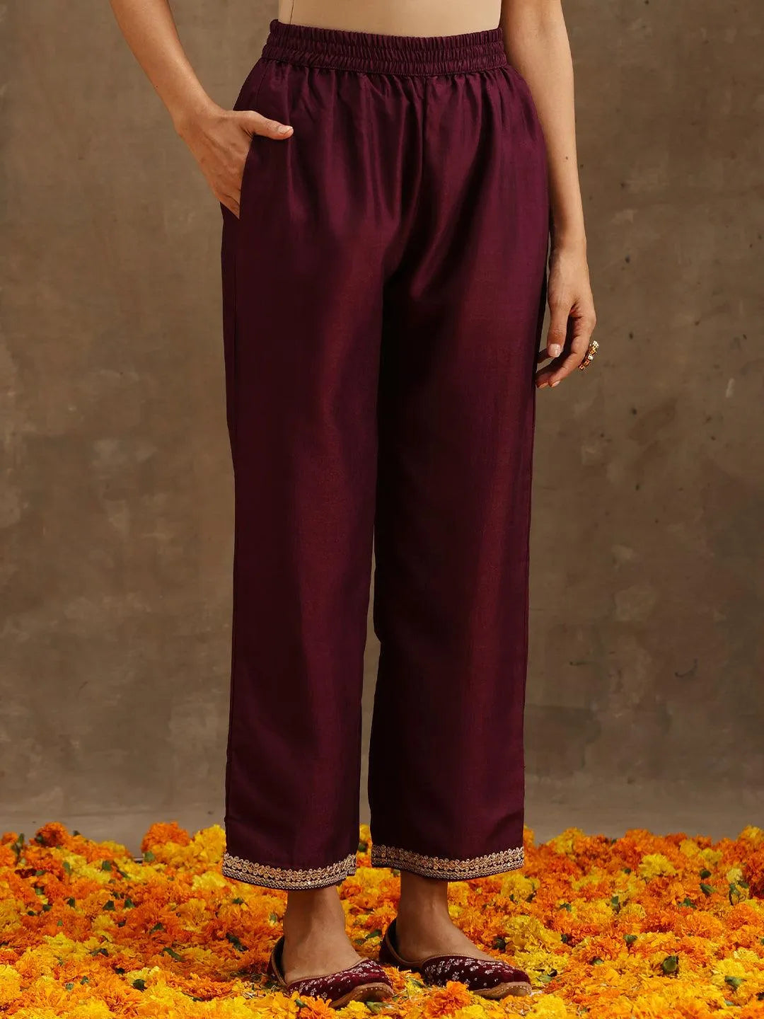 Purple Embroidered Silk Blend Suit Set With Trousers - Libas 