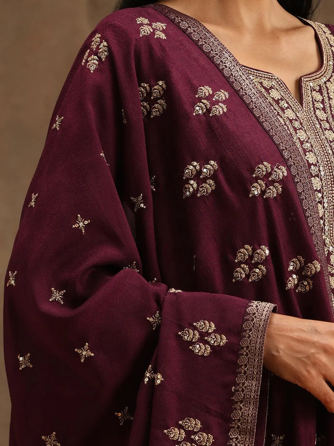 Purple Embroidered Silk Blend Suit Set With Trousers - Libas 