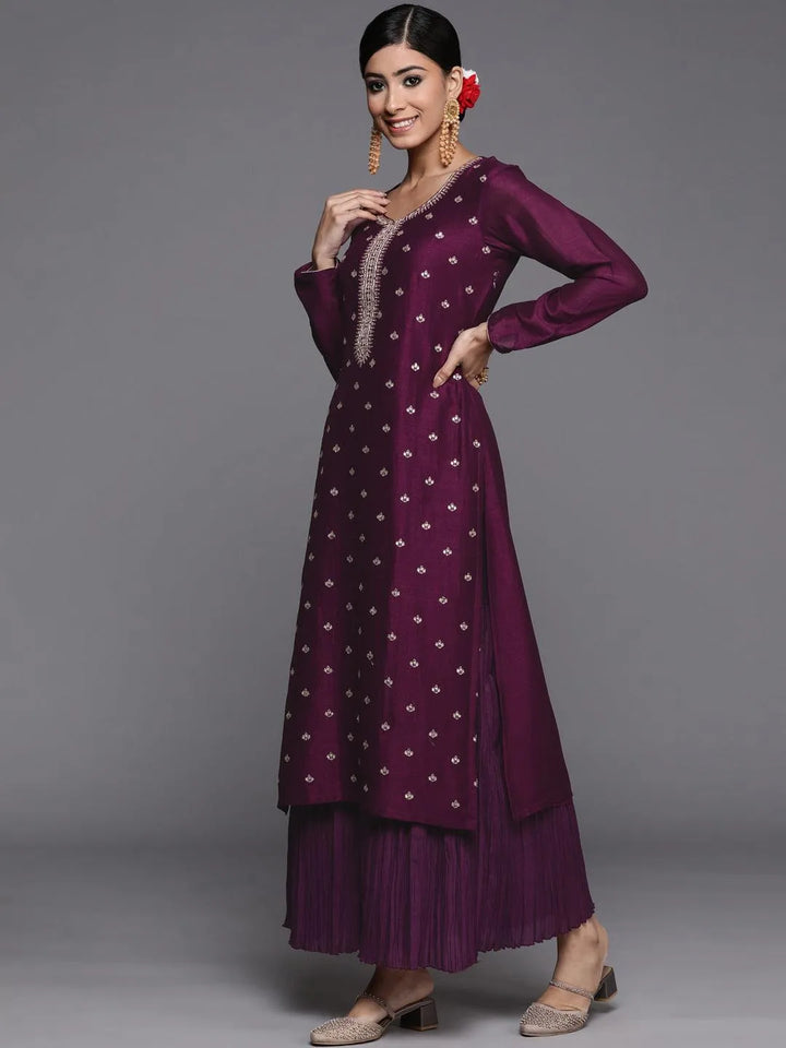 Purple Embroidered Silk Straight Kurta - Libas