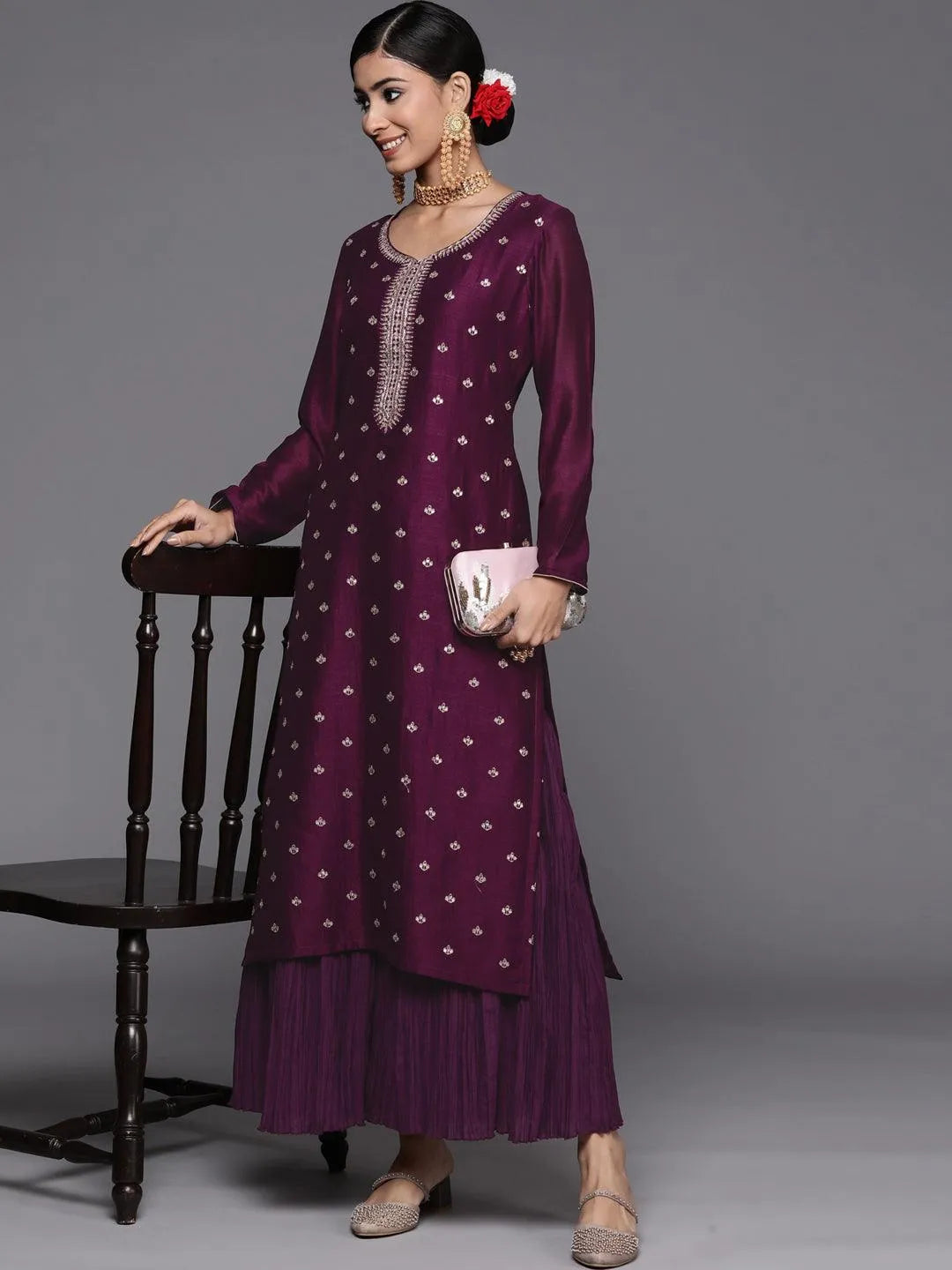 Purple Embroidered Silk Straight Kurta - Libas