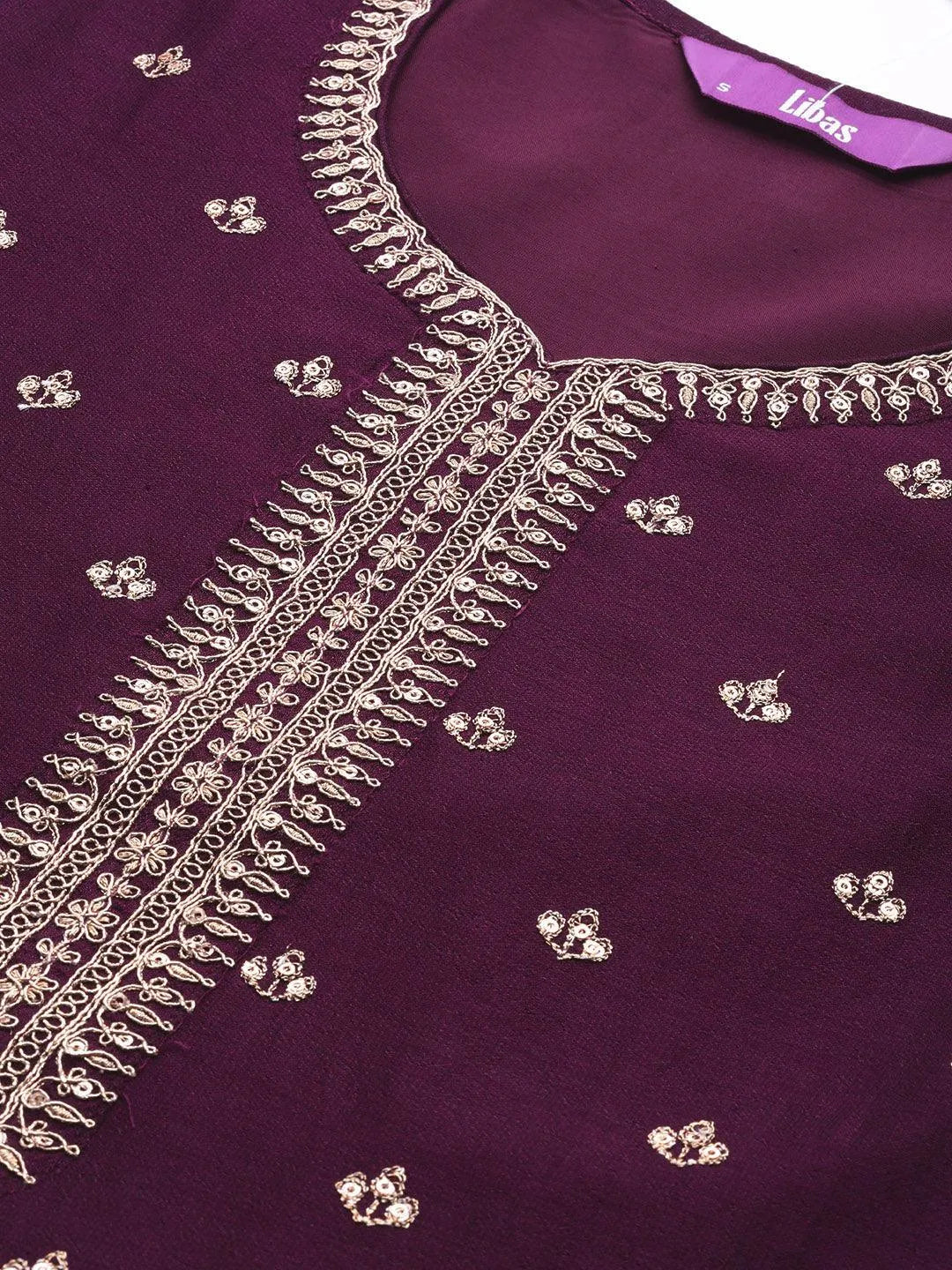 Purple Embroidered Silk Straight Kurta - Libas