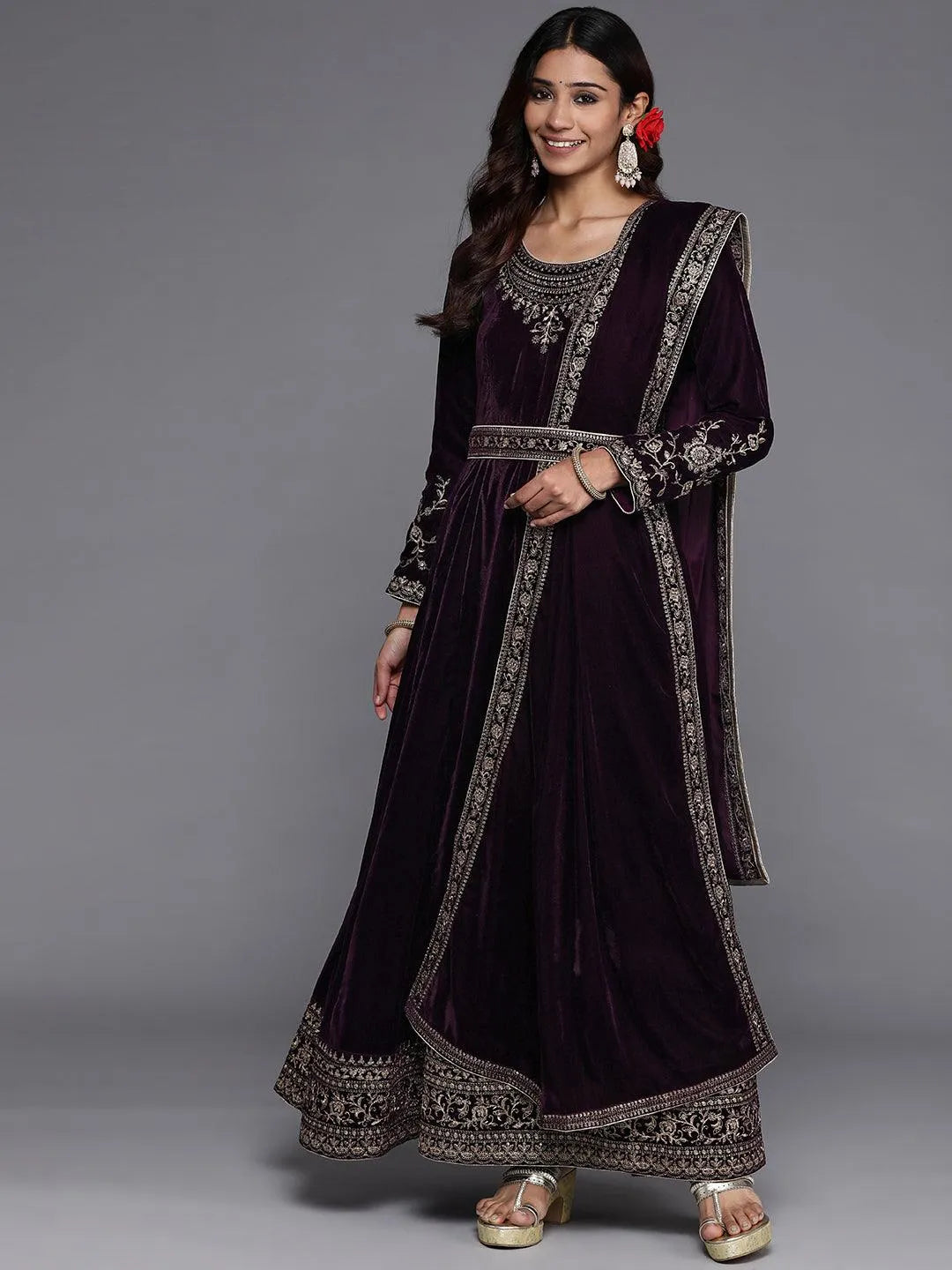 Purple Embroidered Velvet Anarkali Suit Set - Libas