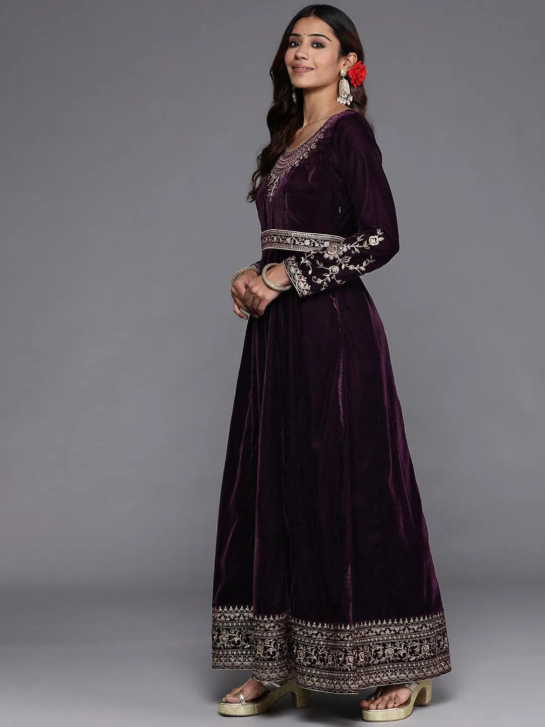 Purple Embroidered Velvet Anarkali Suit Set - Libas 