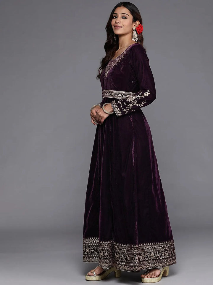 Purple Embroidered Velvet Anarkali Suit Set - Libas