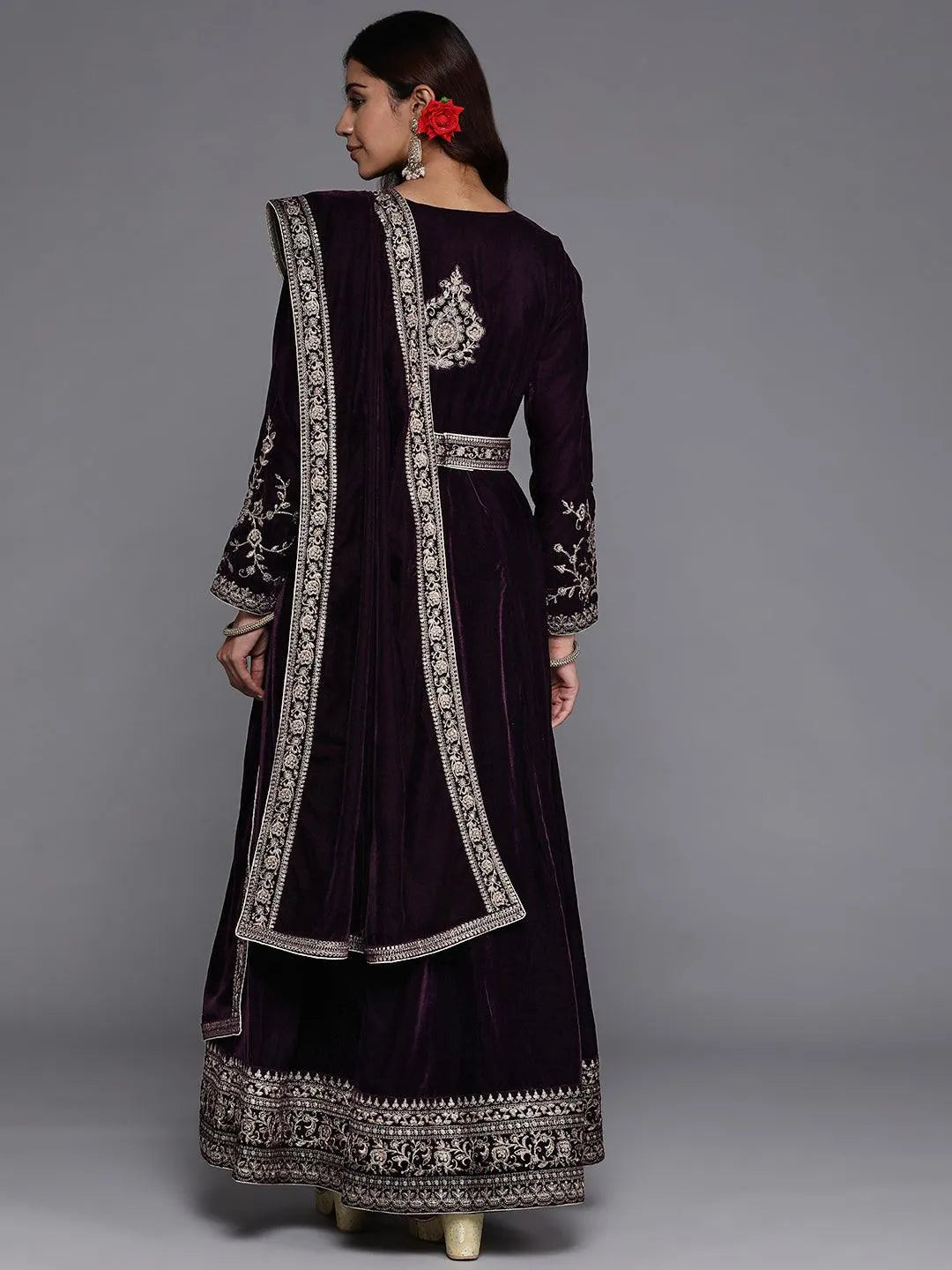 Purple Embroidered Velvet Anarkali Suit Set - Libas 