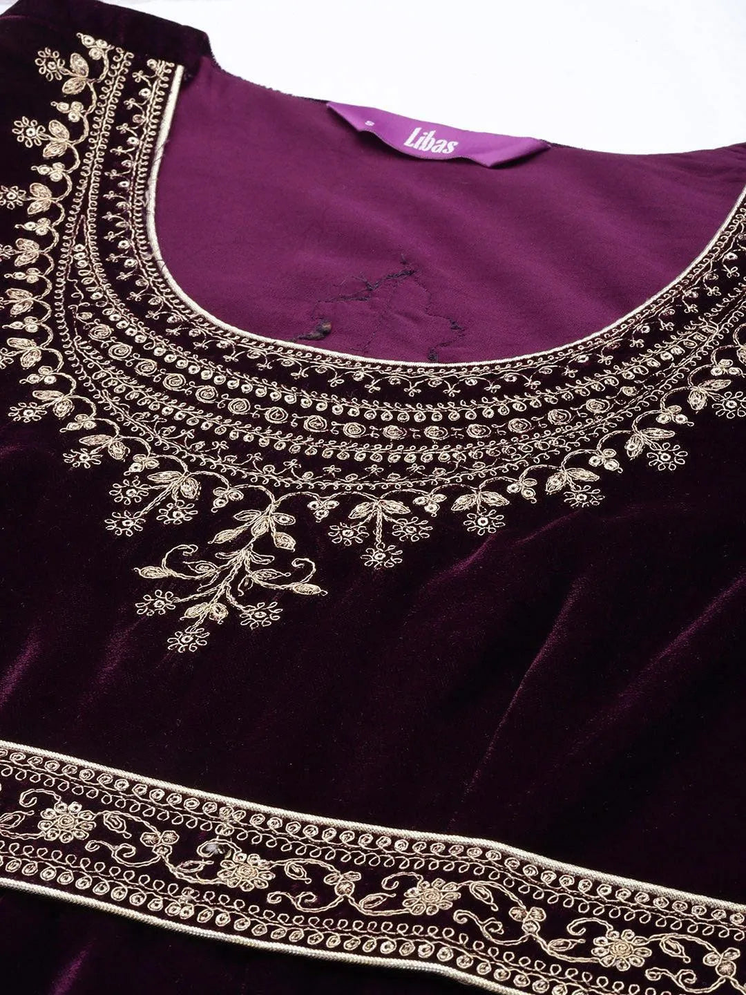 Purple Embroidered Velvet Anarkali Suit Set - Libas