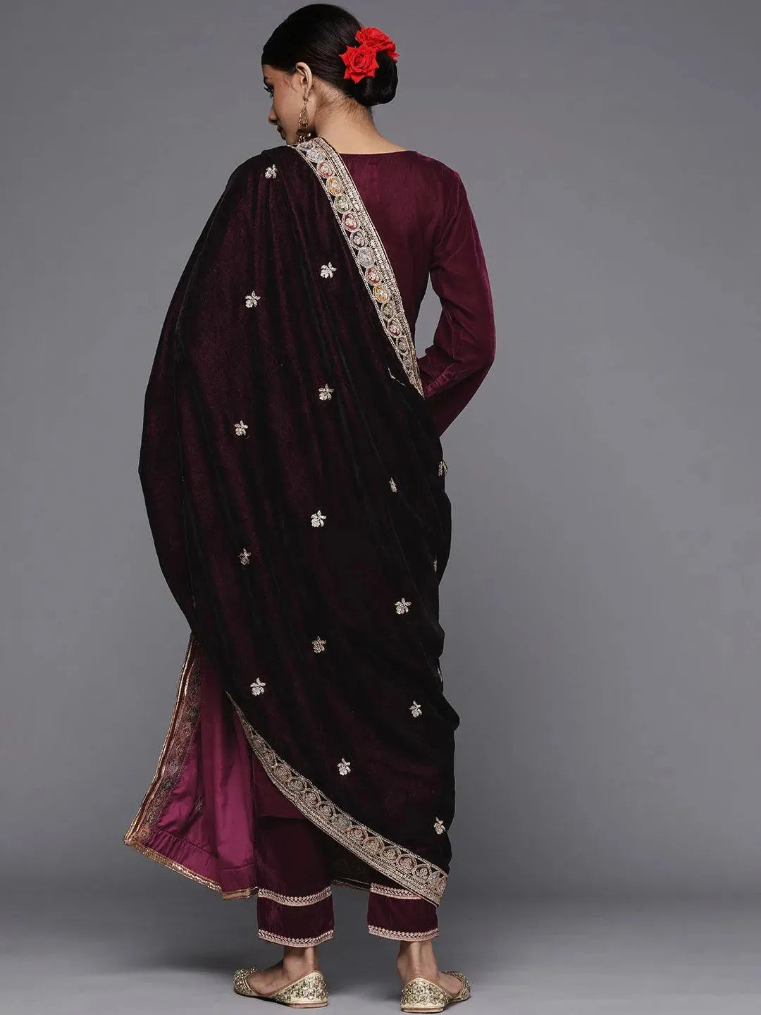 

Purple Embroidered Velvet Straight Kurta With Dupatta