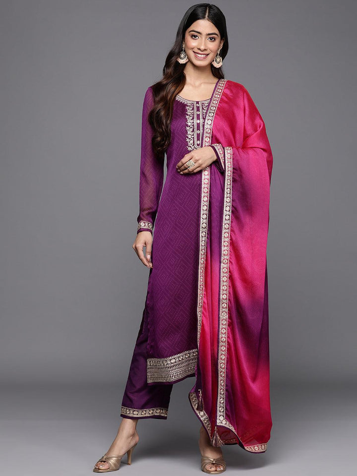 Purple Printed Chiffon Straight Kurta With Trousers & Dupatta - Libas