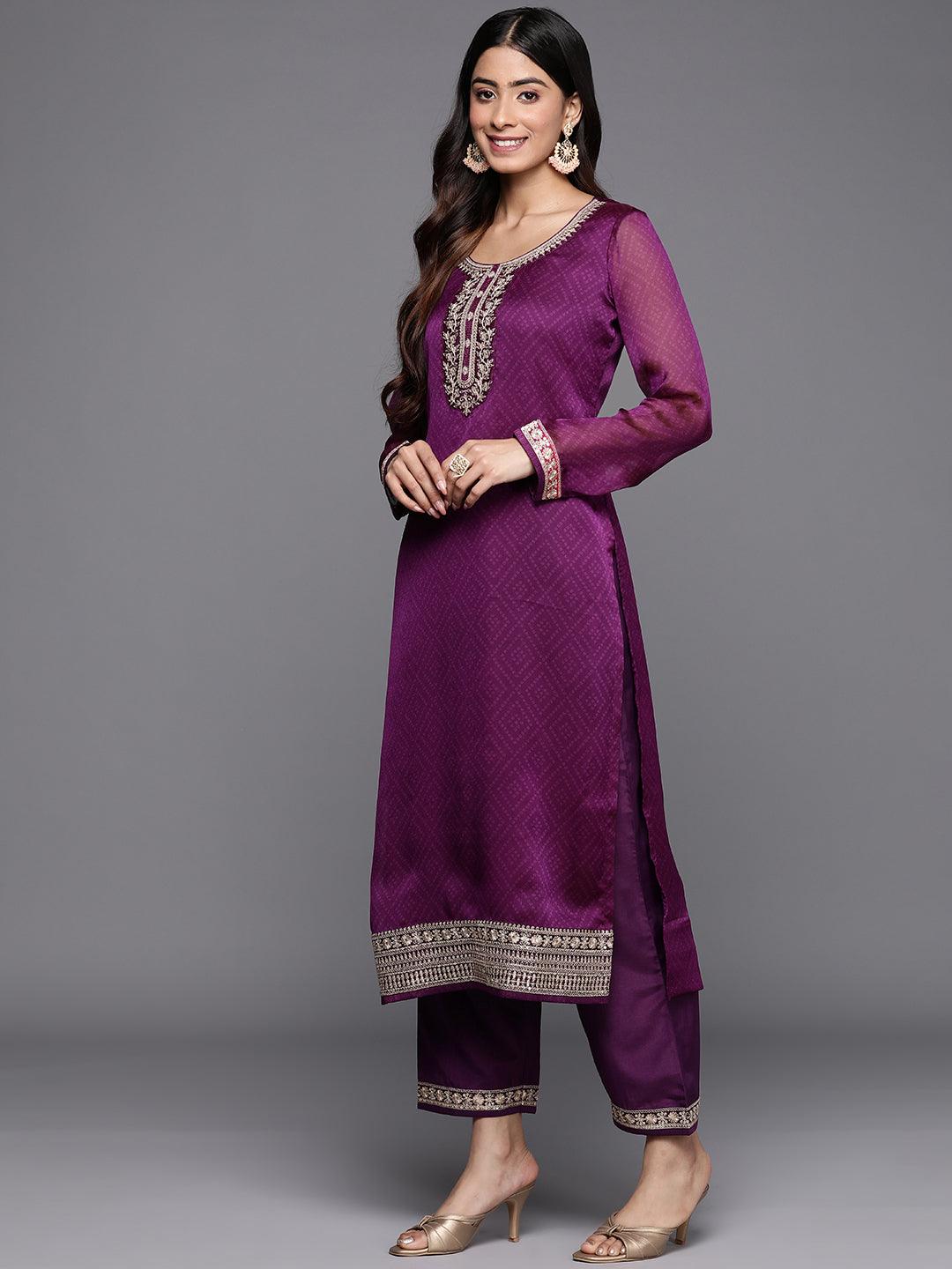 Purple Printed Chiffon Straight Kurta With Trousers & Dupatta - Libas 