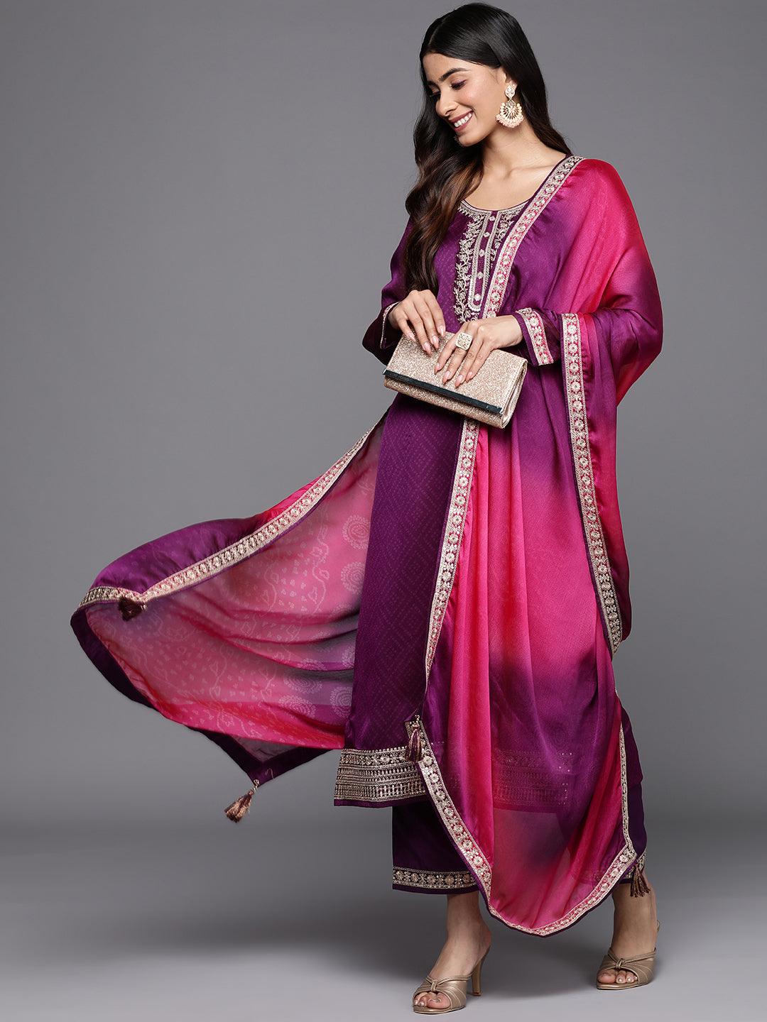 Purple Printed Chiffon Straight Kurta With Trousers & Dupatta - Libas