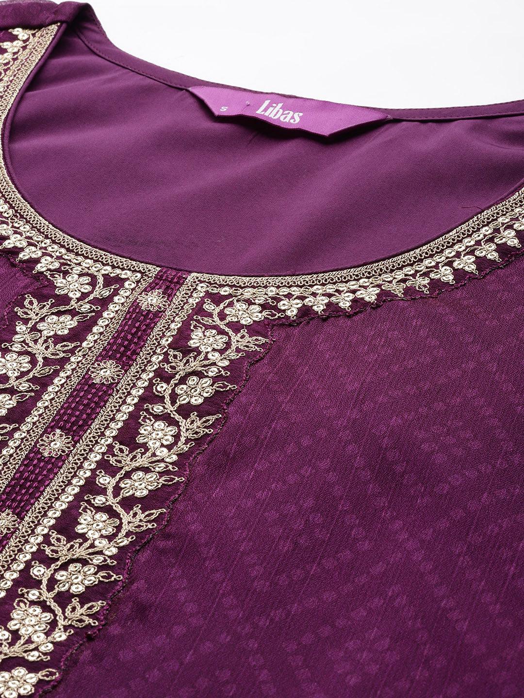 Purple Printed Chiffon Straight Kurta With Trousers & Dupatta - Libas 