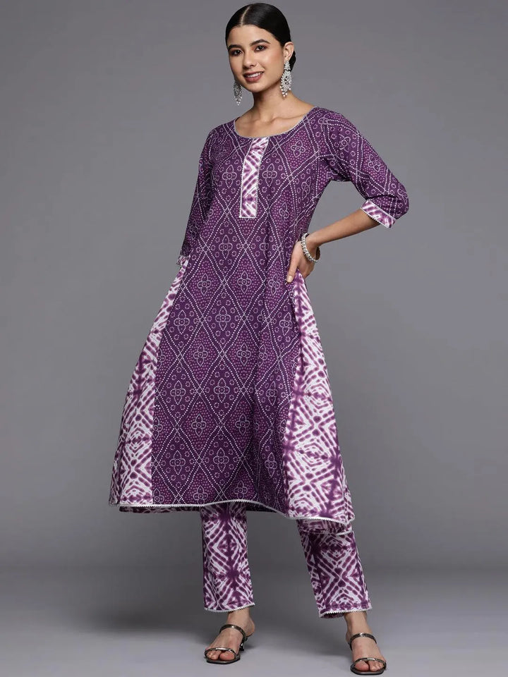 Purple Printed Cotton A-Line Kurta - Libas