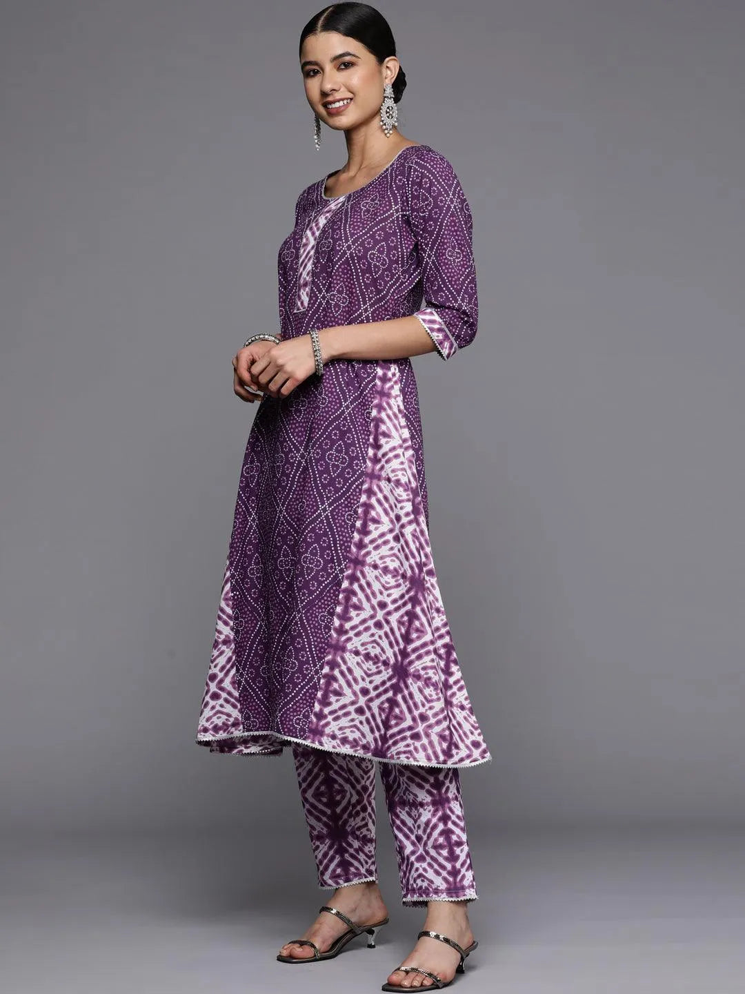 Purple Printed Cotton A-Line Kurta - Libas