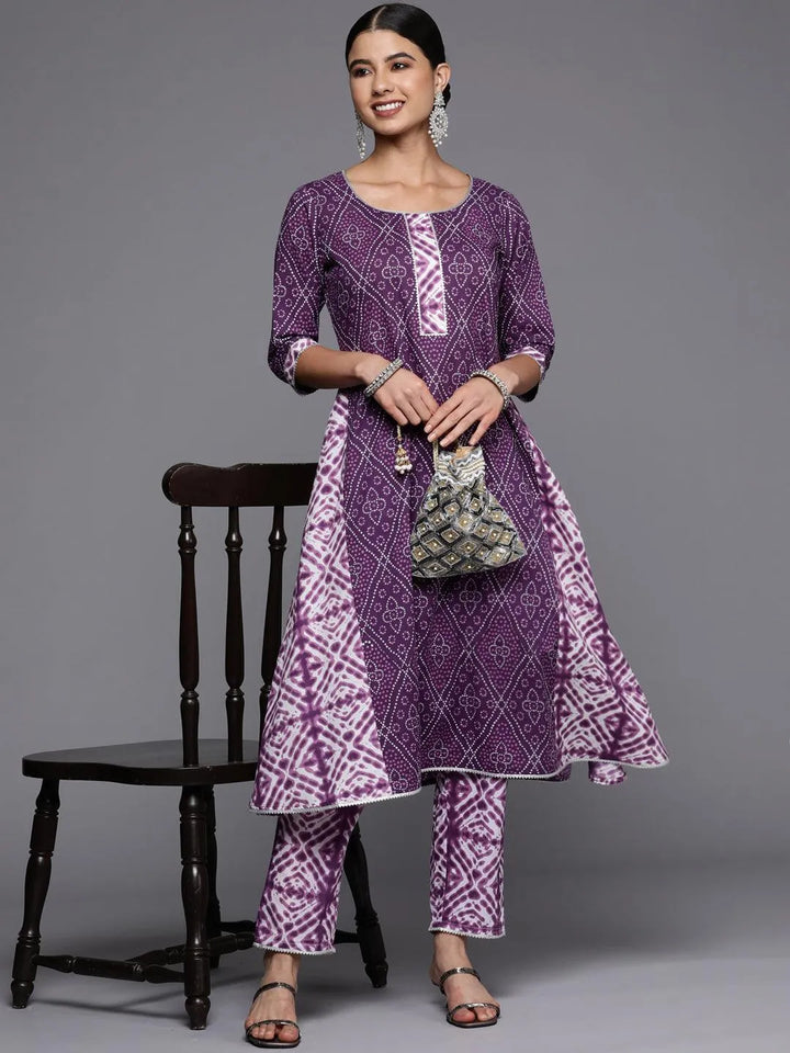 Purple Printed Cotton A-Line Kurta - Libas