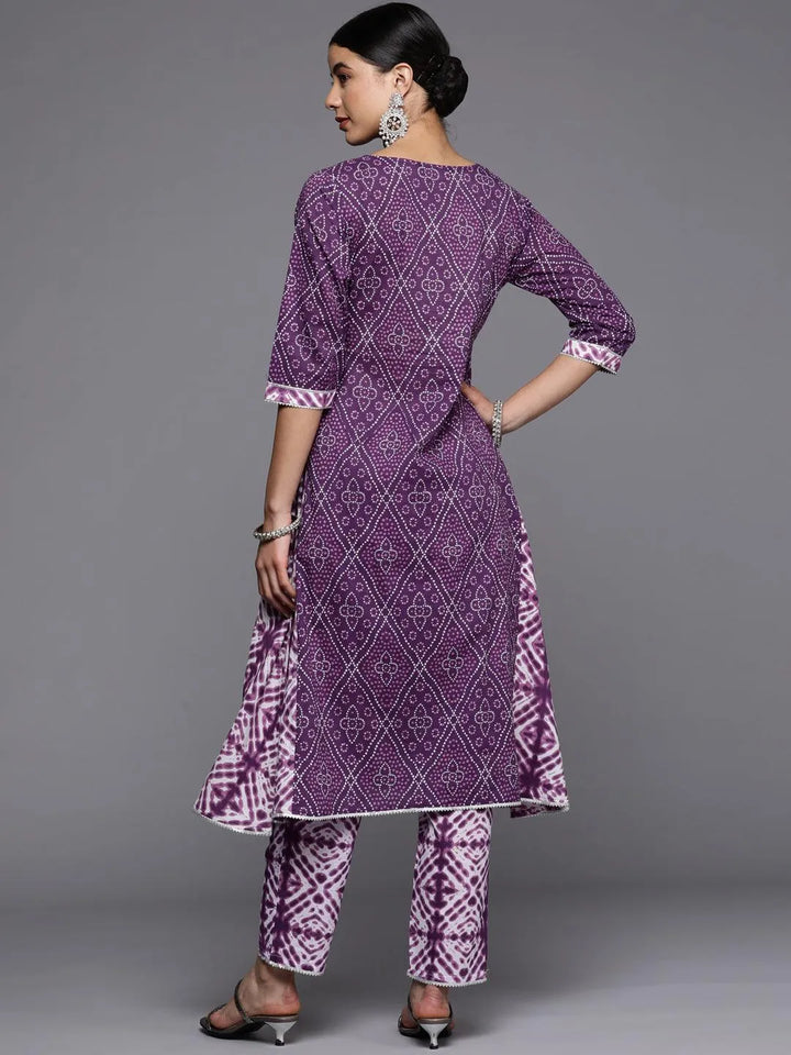 Purple Printed Cotton A-Line Kurta - Libas