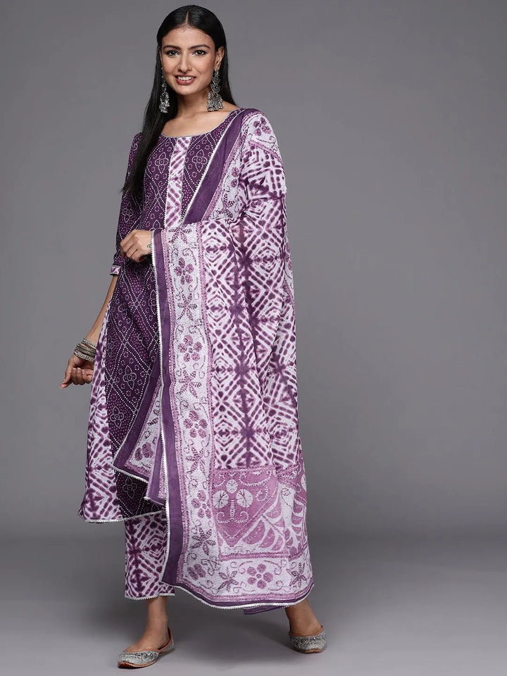 Purple Printed Cotton A-Line Suit Set - Libas