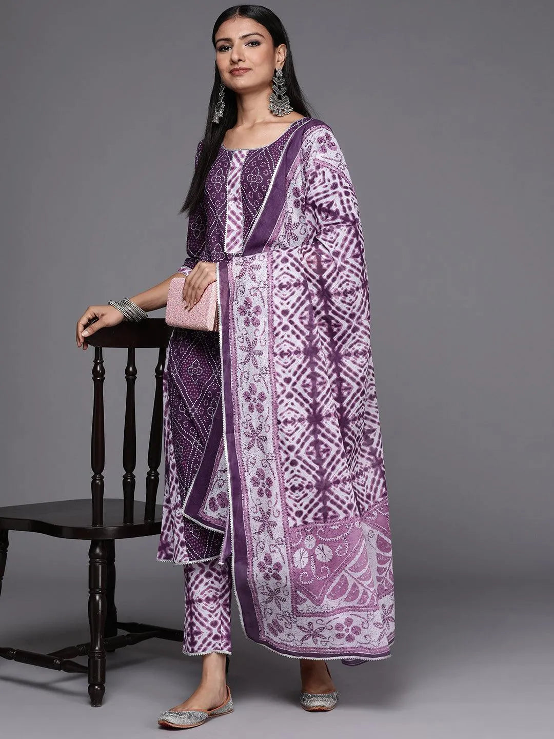 Purple Printed Cotton A-Line Suit Set - Libas