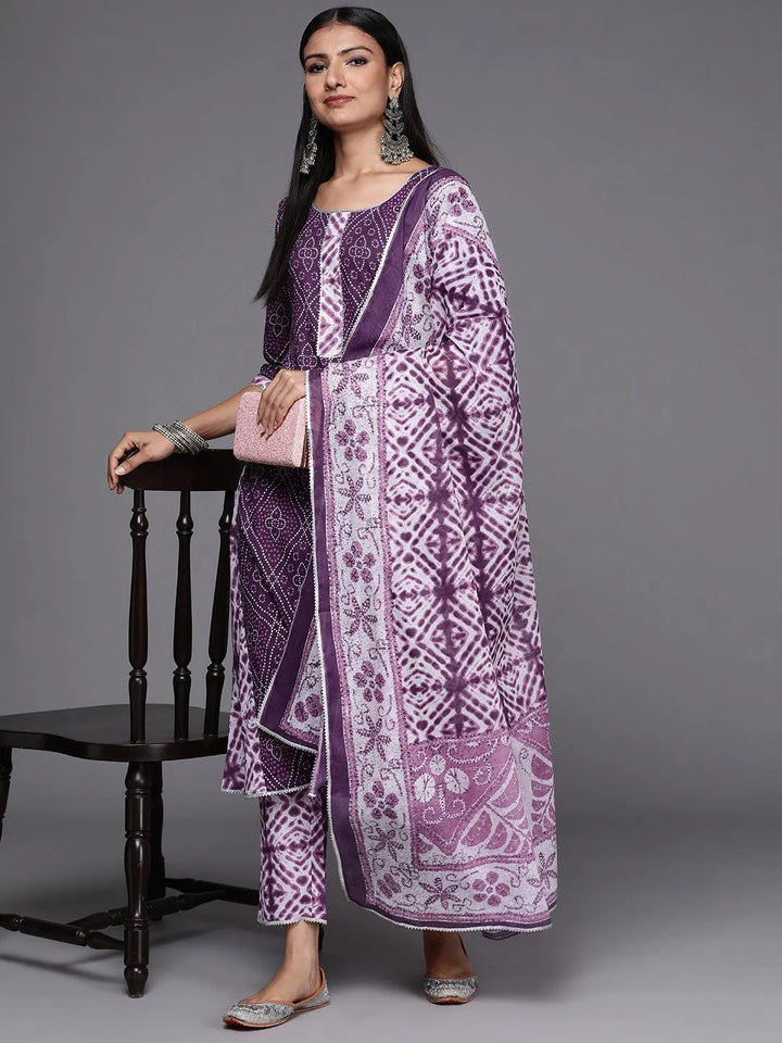 Purple Printed Cotton A-Line Suit Set - Libas