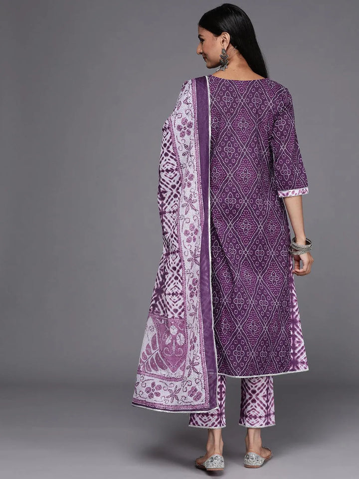 Purple Printed Cotton A-Line Suit Set - Libas