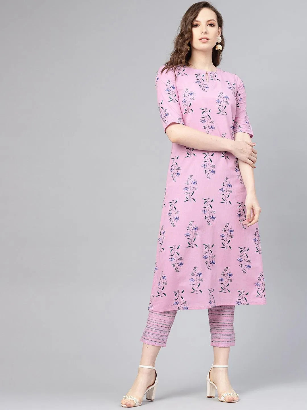 Purple Printed Cotton Kurta Set - Libas 