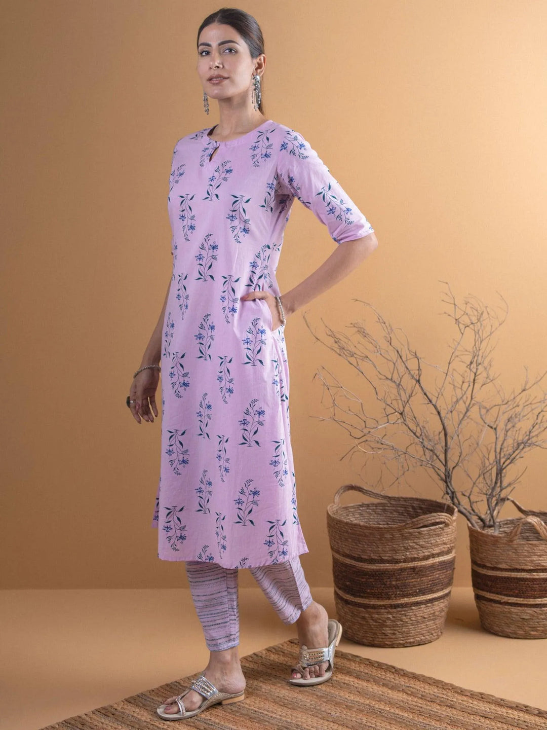 Purple Printed Cotton Kurta Set - Libas 