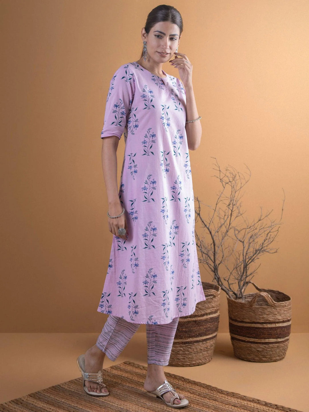 Purple Printed Cotton Kurta Set - Libas