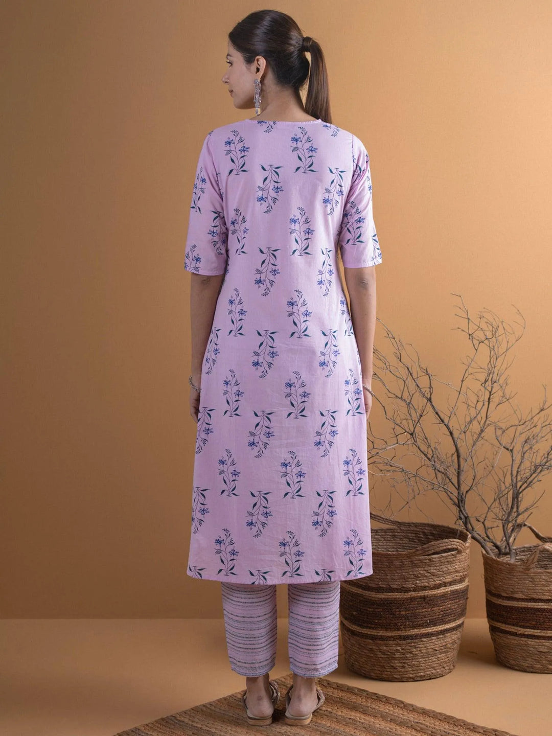 Purple Printed Cotton Kurta Set - Libas 