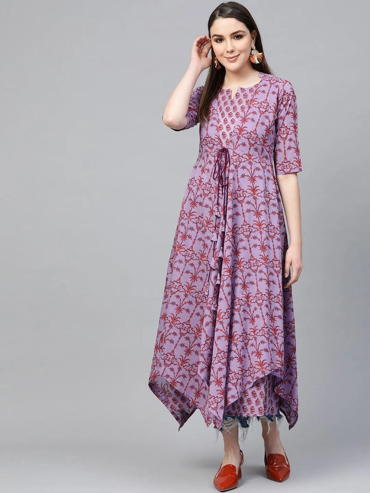 Purple Printed Cotton Dress - Libas