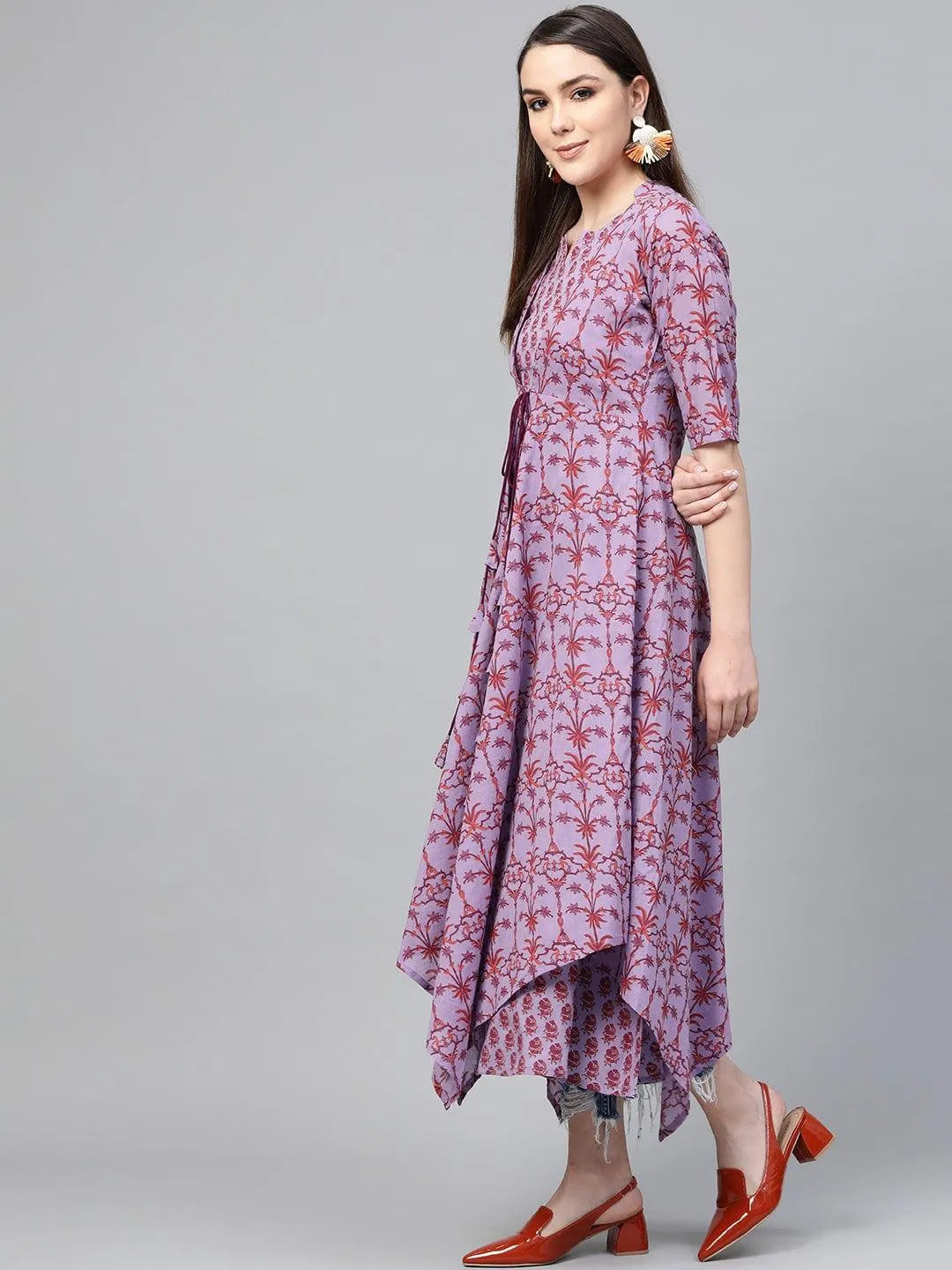 Purple Printed Cotton Dress - Libas 