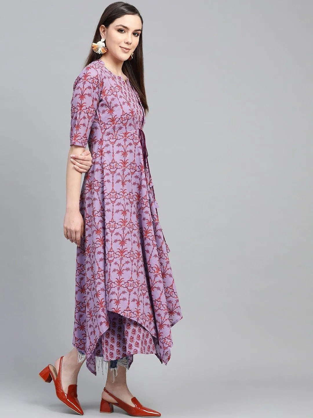 Purple Printed Cotton Dress - Libas 