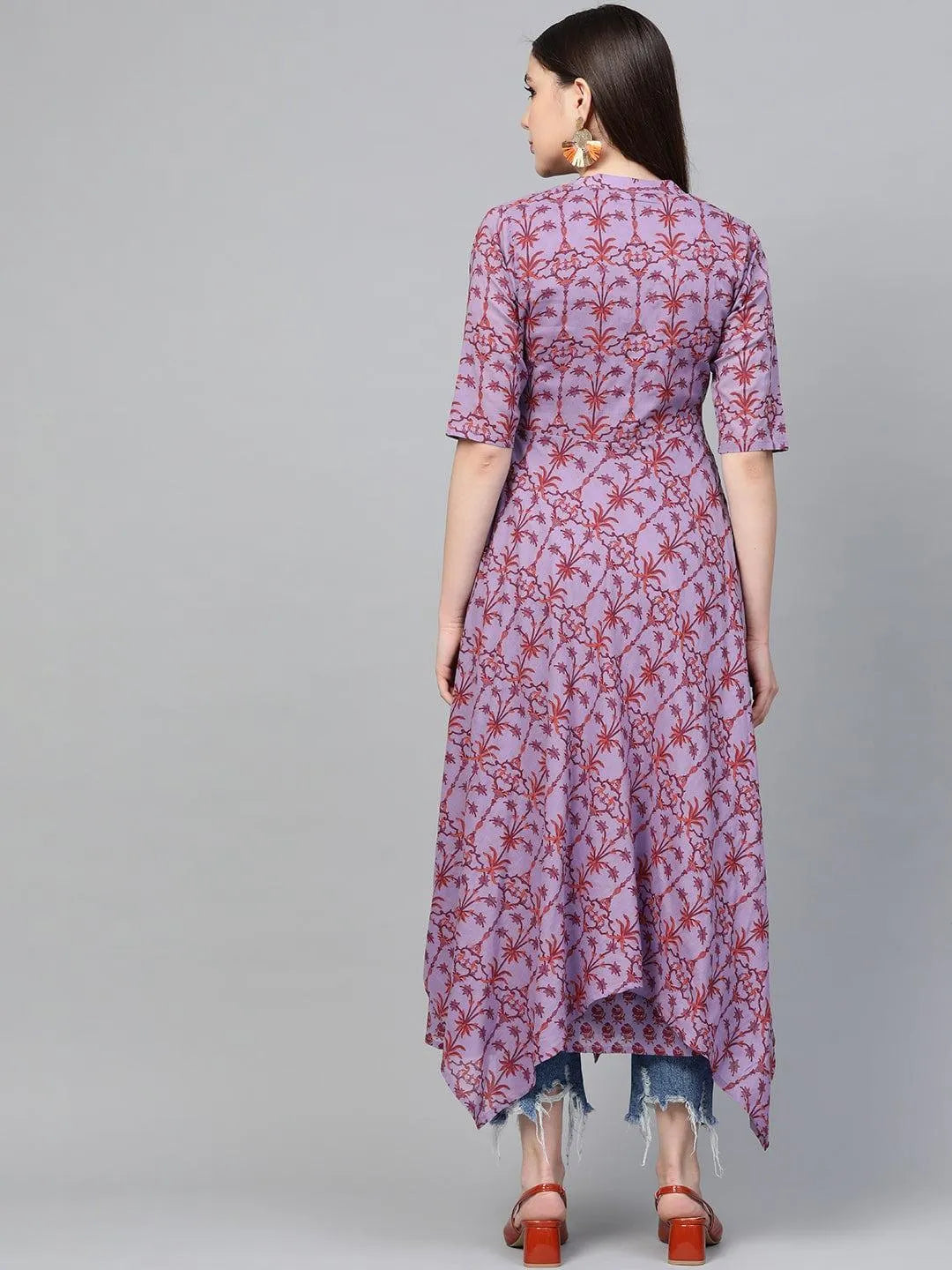 Purple Printed Cotton Dress - Libas