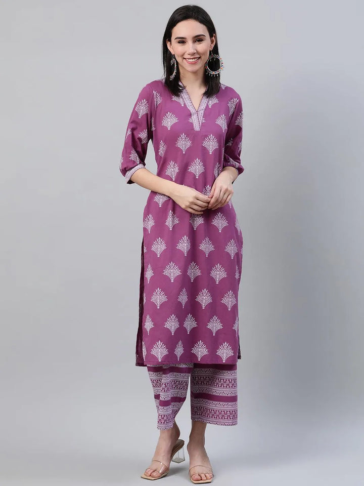 Purple Printed Cotton Kurta - Libas