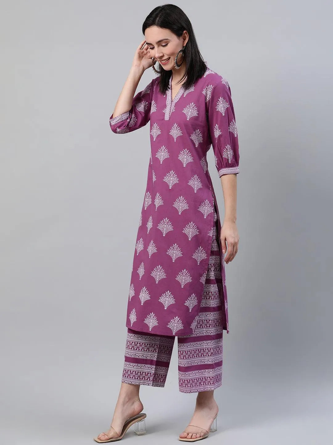 Purple Printed Cotton Kurta - Libas