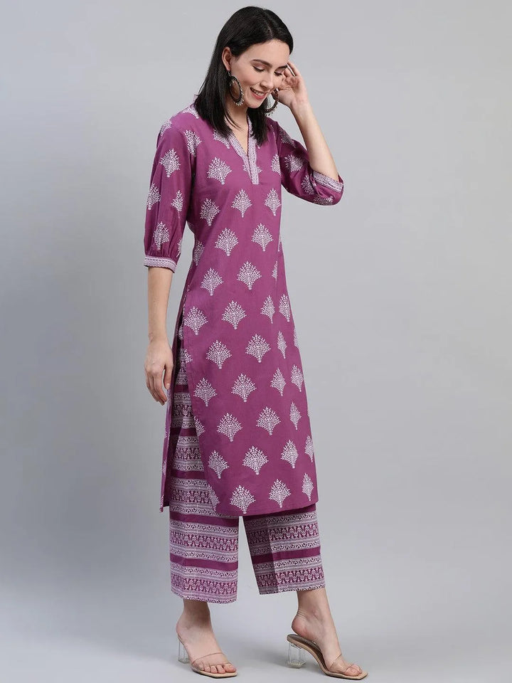 Purple Printed Cotton Kurta - Libas