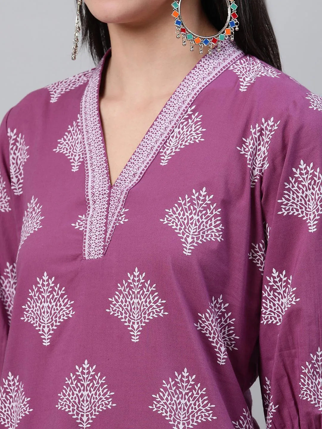 Purple Printed Cotton Kurta - Libas