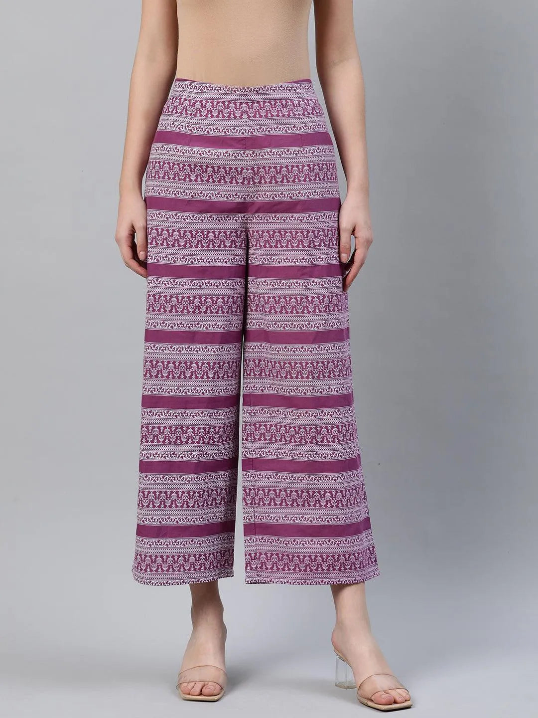 Purple Printed Cotton Palazzos - Libas 