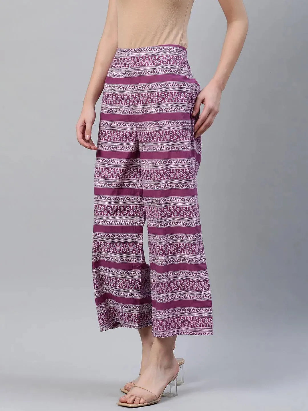 Purple Printed Cotton Palazzos - Libas 