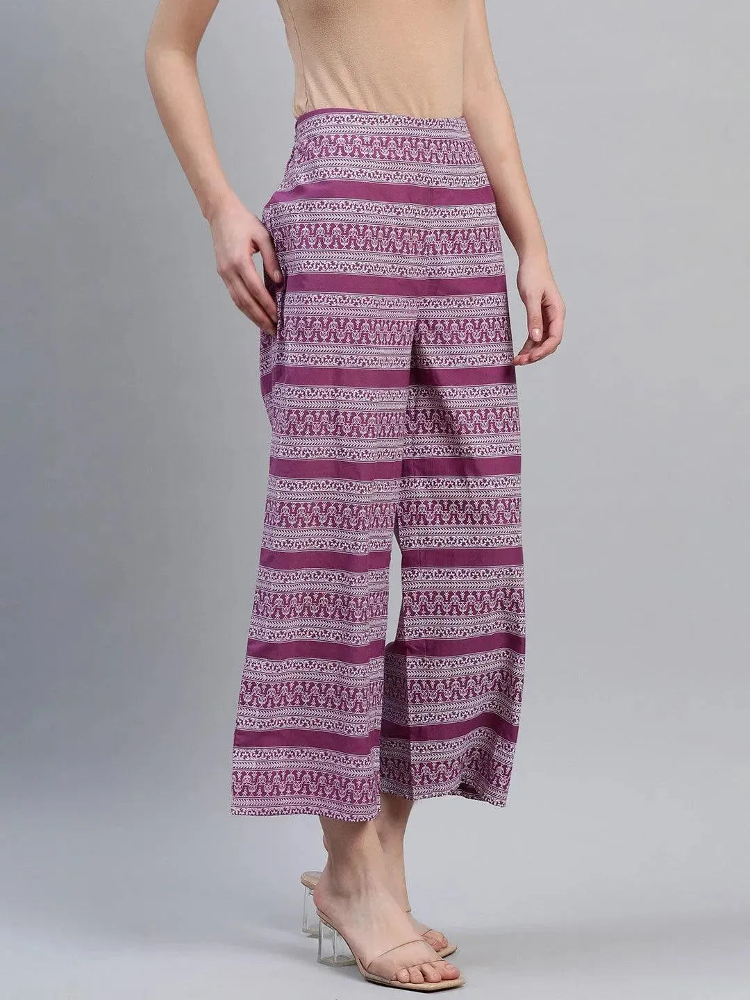 Purple Printed Cotton Palazzos - Libas 