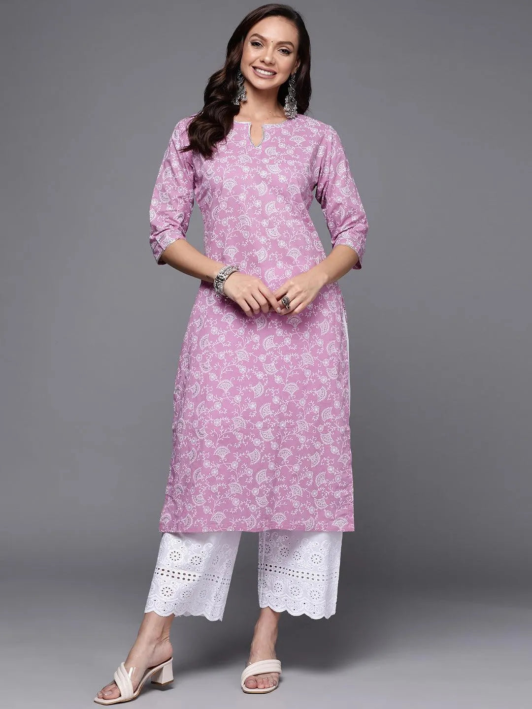 Purple Printed Cotton Straight Kurta - Libas