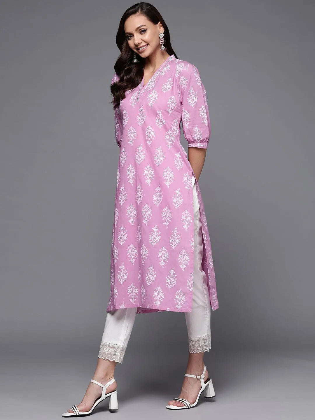 Purple Printed Cotton Straight Kurta - Libas