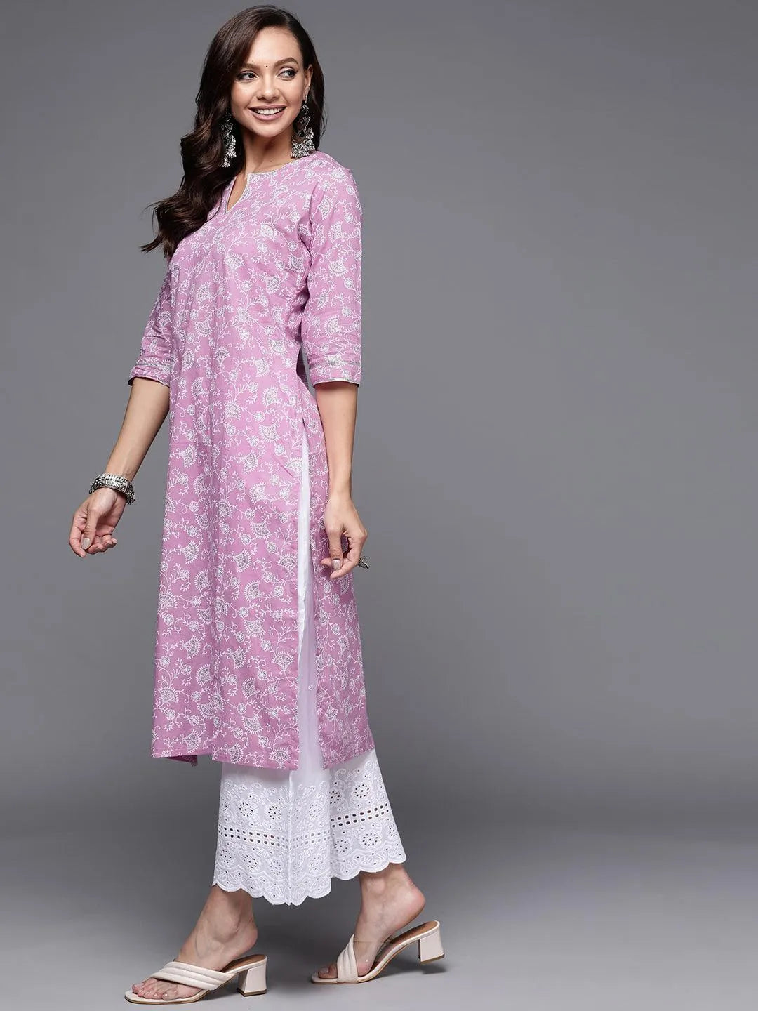 Purple Printed Cotton Straight Kurta - Libas