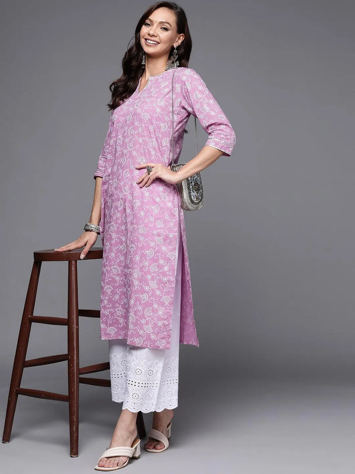 Purple Printed Cotton Straight Kurta - Libas