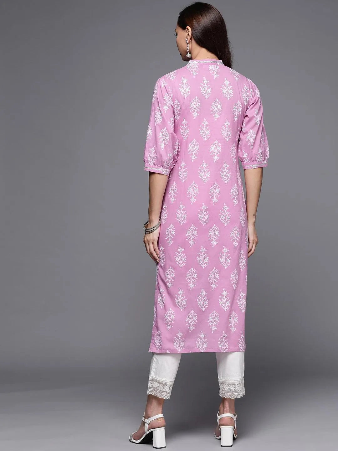 Purple Printed Cotton Straight Kurta - Libas