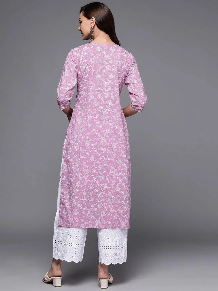 Purple Printed Cotton Straight Kurta - Libas