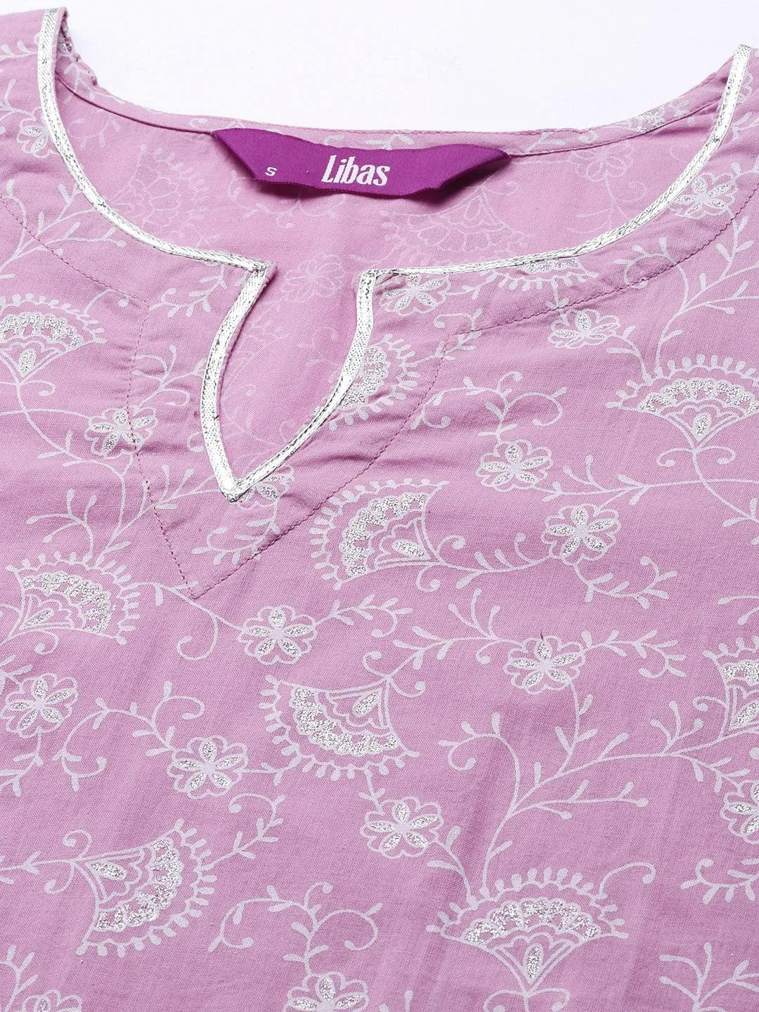 Purple Printed Cotton Straight Kurta - Libas