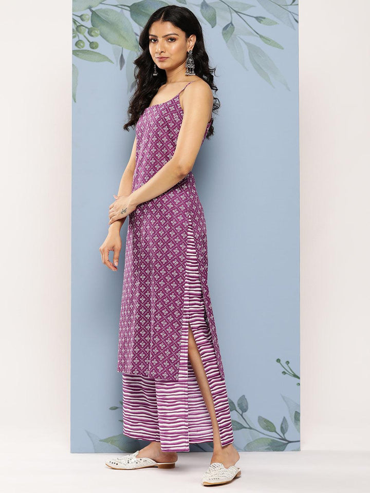 Purple Printed Cotton Straight Suit Set With Palazzos - Libas