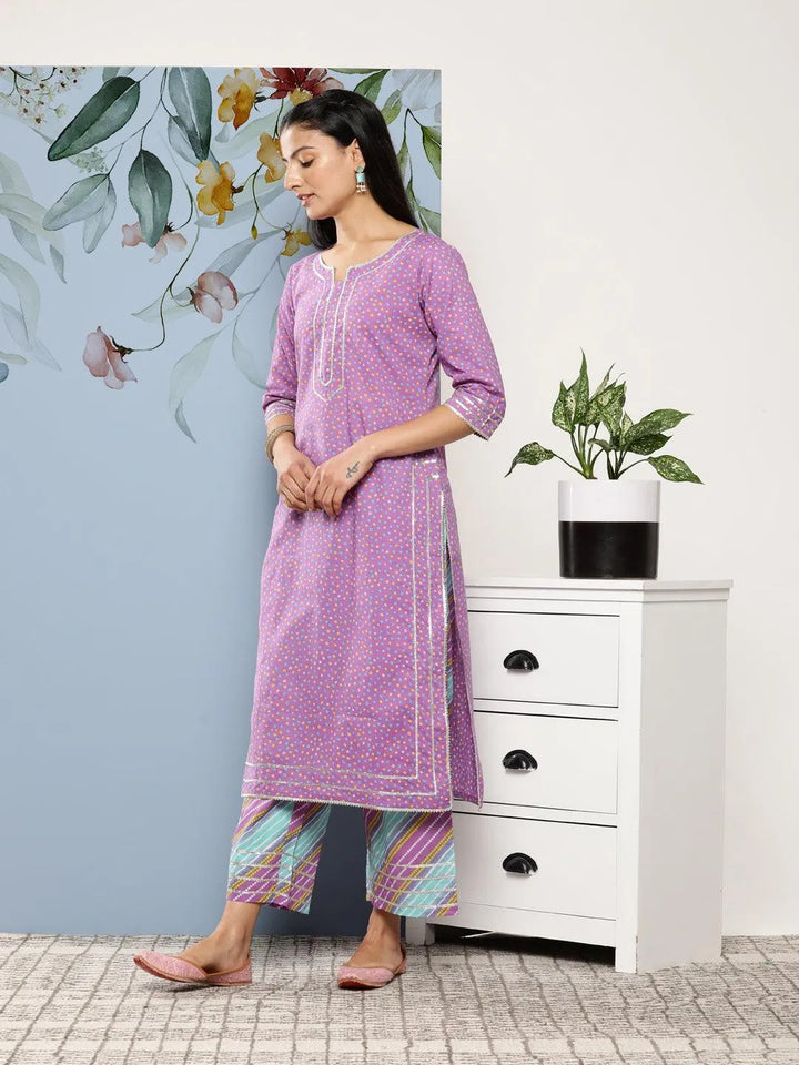 Purple Printed Cotton Suit Set With Palazzos - Libas