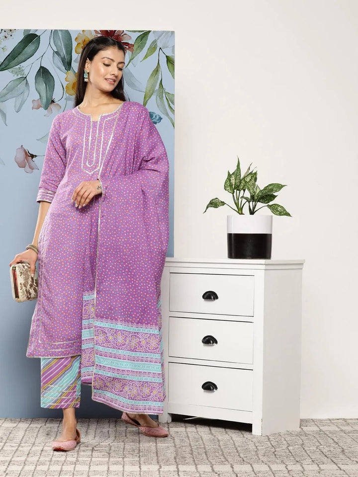 Purple Printed Cotton Suit Set With Palazzos - Libas