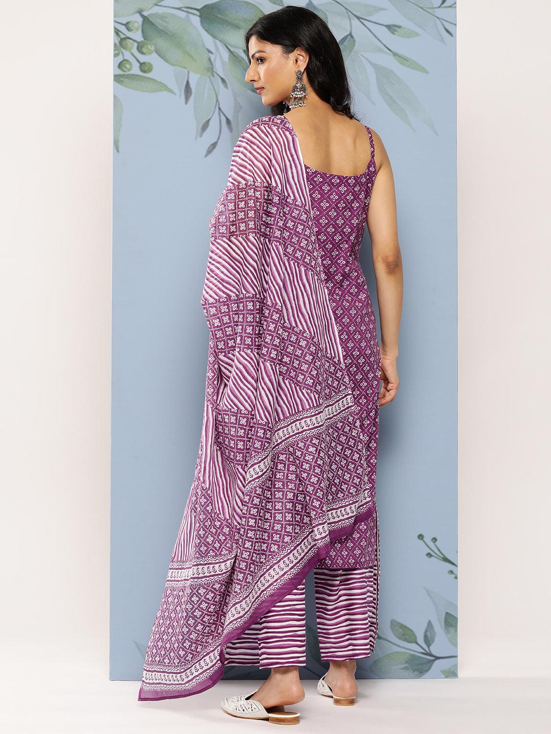 Purple Printed Cotton Straight Suit Set With Palazzos - Libas